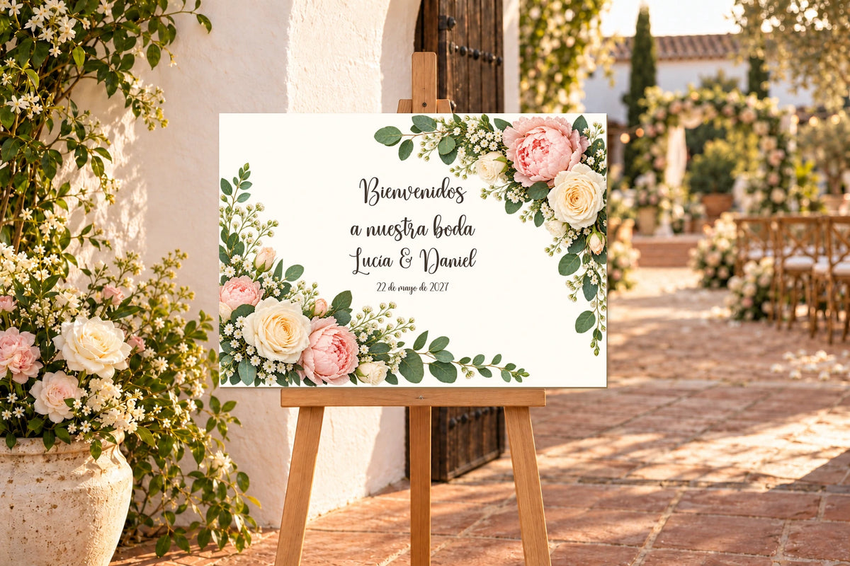 Panneau de bienvenue de mariage A3 en couleur, modèle Rosas, avec texte en espagnol, sur un chevalet dans une cour.