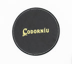 Posavasos de cuero PU negro con logotipo dorado impreso