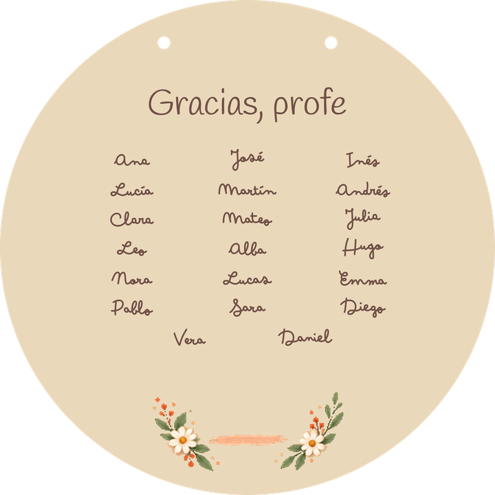 Exemple de plaque en forme de cercle : verso avec des prénoms fictifs d’élèves.
