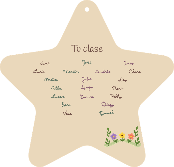 Exemple de plaque en forme de étoile : verso avec des prénoms fictifs d’élèves.