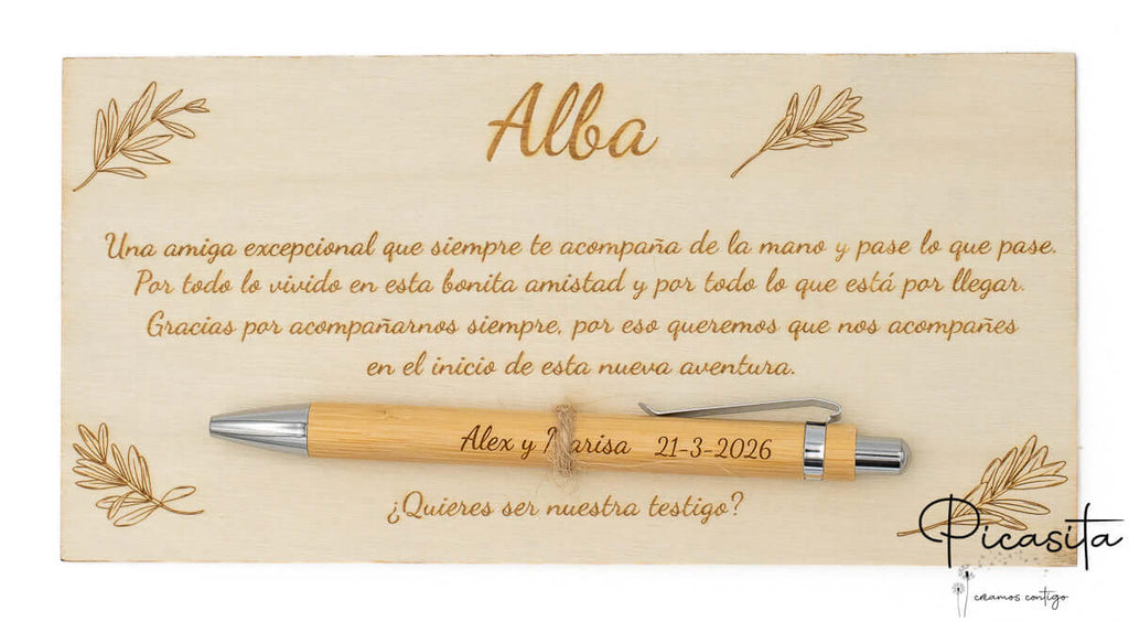 Placa de madera rectangular con mensaje de agradecimiento y amistad para Alba.