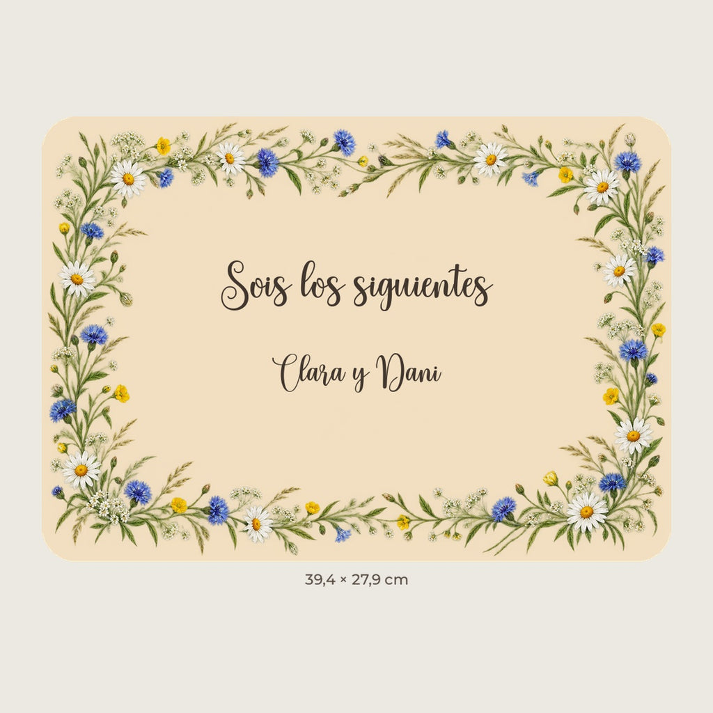 Aperçu numérique : pancarte rectangulaire avec marguerites et texte «Sois los siguientes» pour Clara et Dani, prénoms d’exemple.