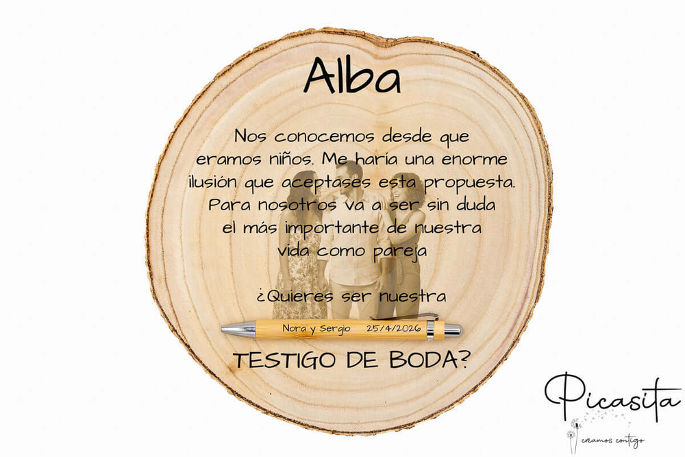 Image d’une plaque en bois personnalisée pour témoin de mariage.