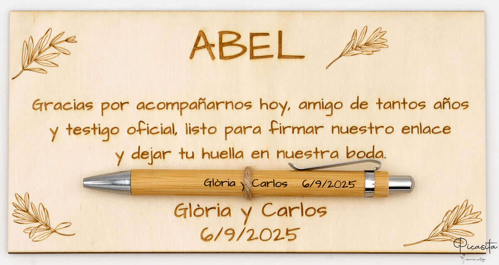 Plaque de remerciement gravée au laser pour le témoin Abel, avec un stylo en bambou