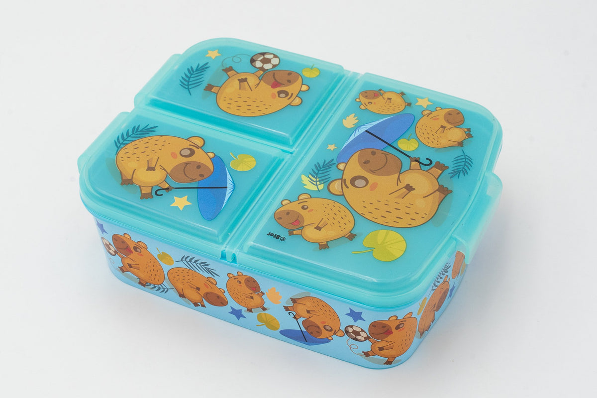 Boîte à déjeuner turquoise translucide à trois compartiments indépendants avec couvercles illustrés de sympathiques capybaras et parapluies