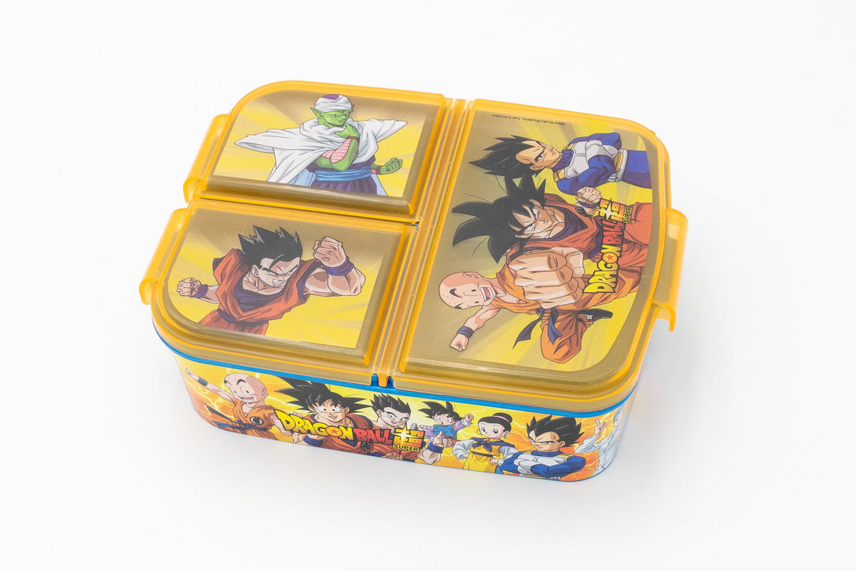 Boîte à déjeuner scolaire jaune Dragon Ball Super à trois compartiments avec personnages d'anime sur les couvercles