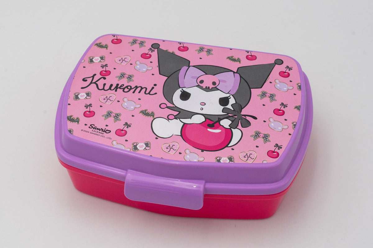 Boîte à déjeuner en plastique rose et lilas avec Kuromi, cerises et nœuds décoratifs
