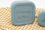 Tupper azul gris personalizado con la frase El almuerzo de Oliver