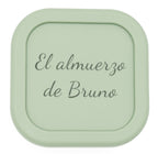 Tupper verde personalizado con la frase El almuerzo de Bruno