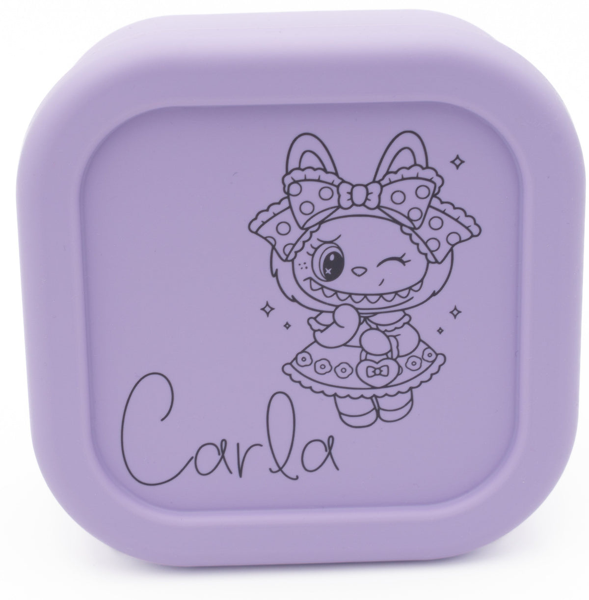 Tupper mediano lila personalizado con nombre Carla y dibujo