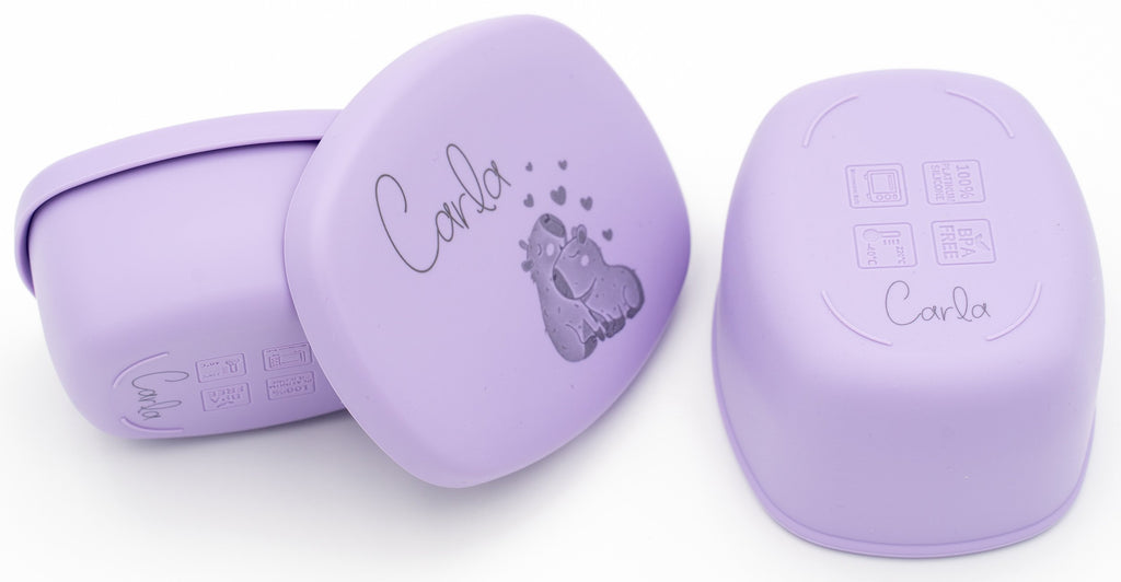 Lot lilas de deux boîtes avec prénom et dessin