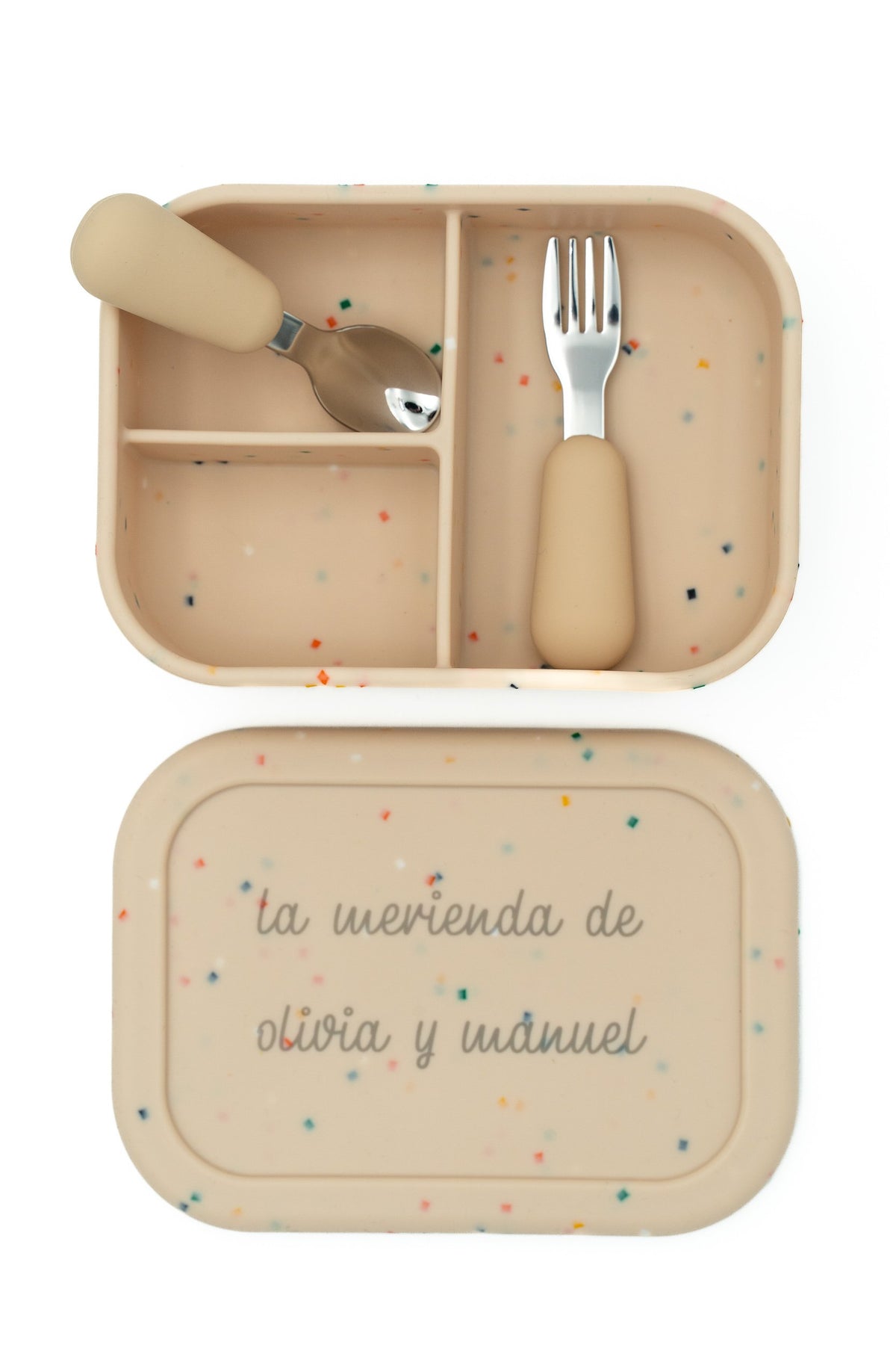 Boîte alimentaire beige à confettis avec trois compartiments