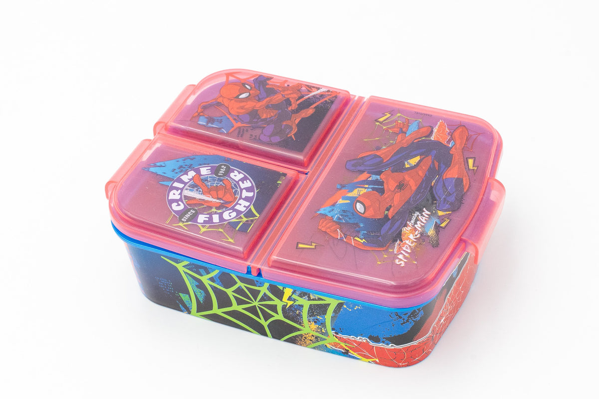 Boîte à déjeuner Spider-Man pour enfant à trois compartiments indépendants, couvercles rouges translucides et base bleue décorée