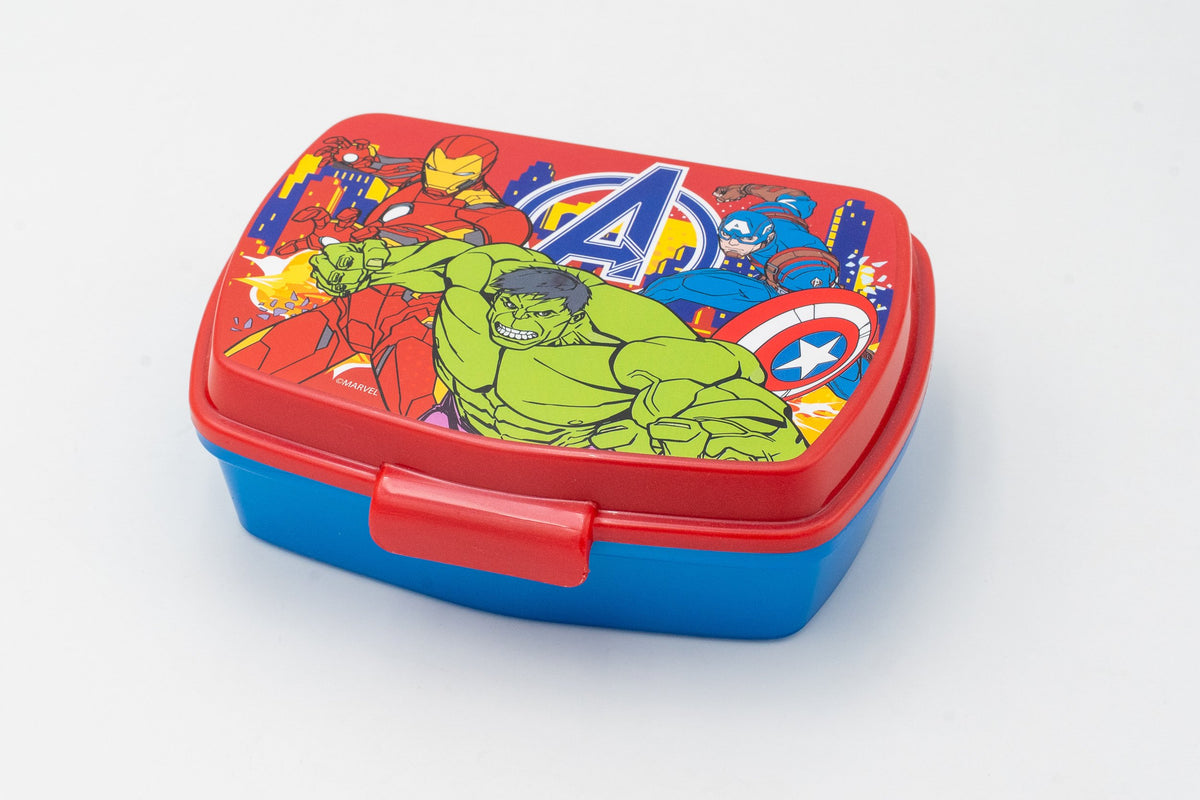 Boîte à déjeuner rouge et bleue avec les Avengers de Marvel et fermeture frontale