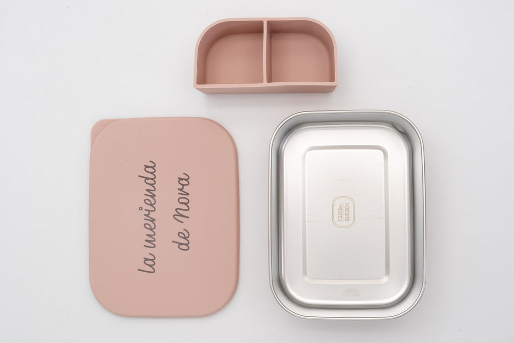 Plateau en acier, compartiment latéral et couvercle rose de la boîte repas XL