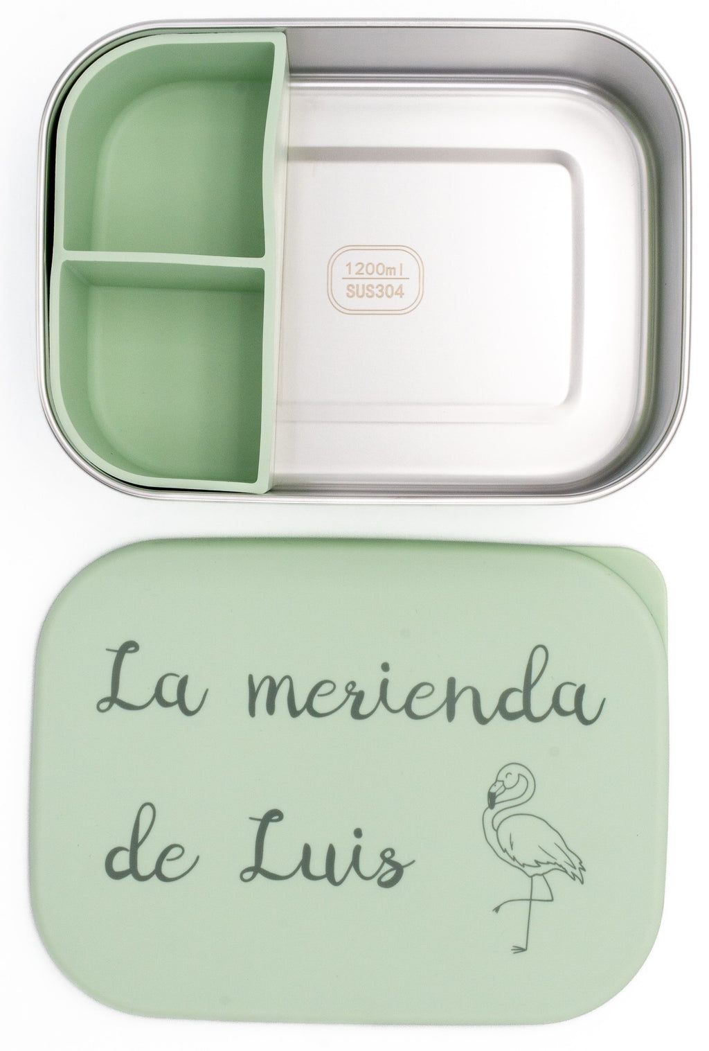 Tupper XL verde claro abierto con frase y dibujo en la tapa