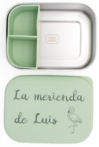 Tupper XL verde claro abierto con frase y dibujo en la tapa