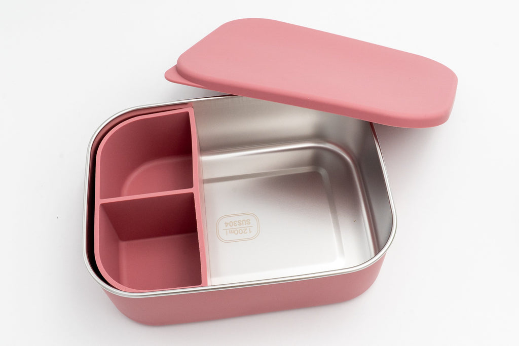 Boîte repas XL rose foncé ouverte avec compartiment latéral et couvercle