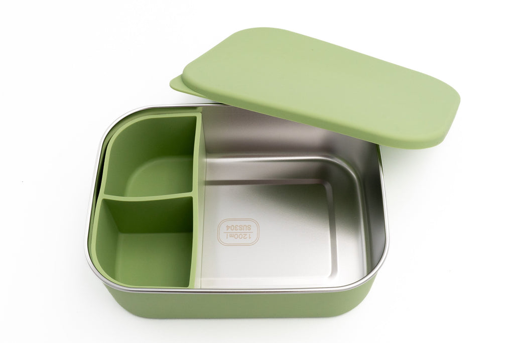 Boîte repas XL vert foncé ouverte avec compartiment double
