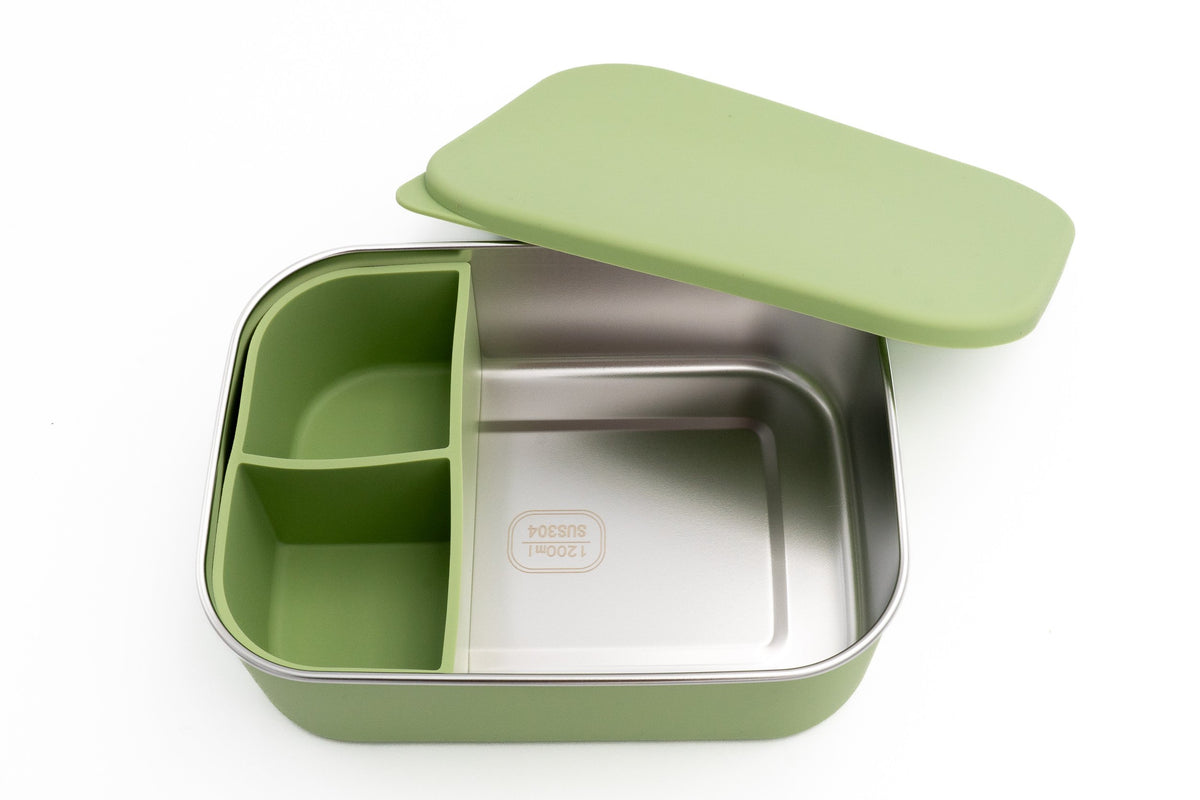 Boîte repas XL vert foncé ouverte avec compartiment double