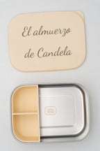 Tupper XL crema abierto con tapa personalizada y módulo de dos compartimentos